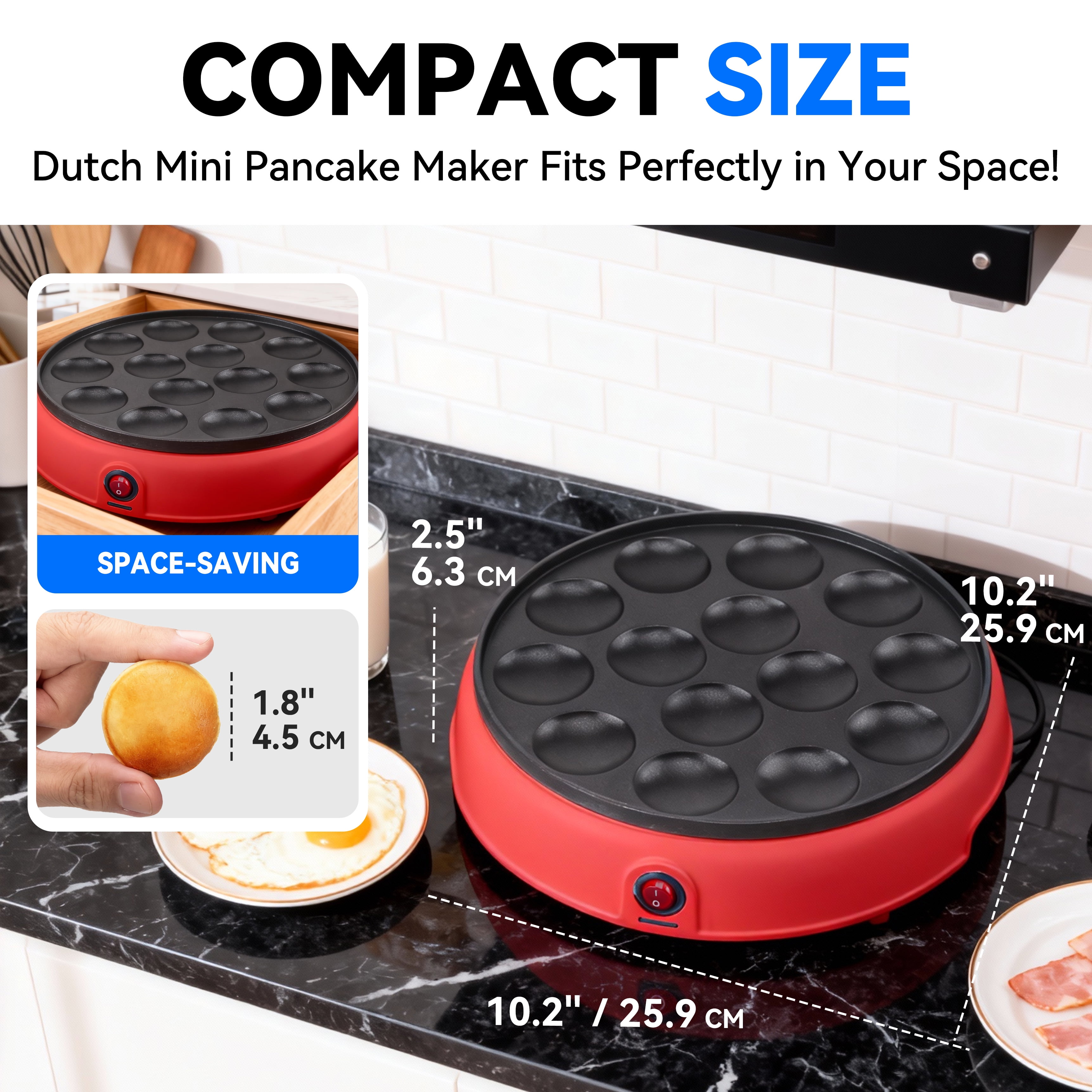 Mailand 1.8 Inch x14 Holes Mini Pancakes Maker Machine, Dutch Mini Pancake Griddle, Non-stick Poffertjes Pan, 2 x Forks Included, Red