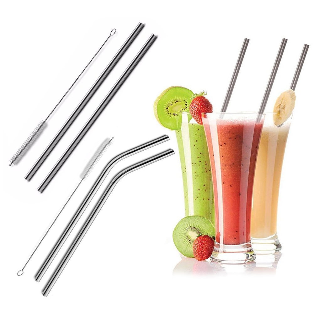 4Pcs Stainless Steel Reusable Drinking Straws Milk Tea Coffee Sucker With Brush