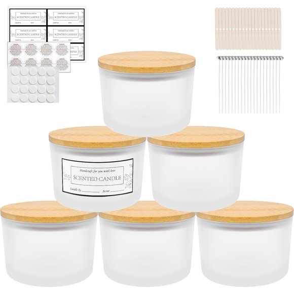 CONNOO 6-Pack 16 oz Candle Jars - 3-Wick Frosted Empty Glass Wide Mouth Candle Jars Come with Bamboo Lids, Sticky Warning Labels, and a Candle Wick Kit for Candle Making - Dishwasher Safe