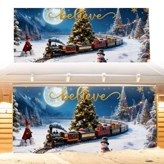 Christmas Garage Door Cover, with Hooks & Rope, Easy for Quick Installation, 188.9 in×82.68 in, Polyester Material, Durablity, Decor for Indoor, Outdoor, Garages, Porches, Walls Holiday Banner, 1PC