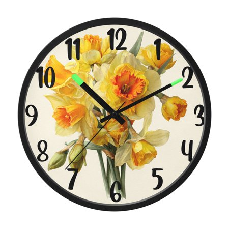 RMDQTR 12 Inch Sound-Activated LED Night Light Wall Clock Silent Sweep Movement Acrylic Face Battery-Operated for Bedroom/Living Room/School / Vintage Watercolor Daffodil Bouquet