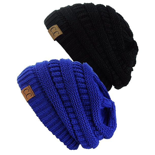 C.C Women's Knit Beanie Cap Hat (2 PACK), Black/Royal