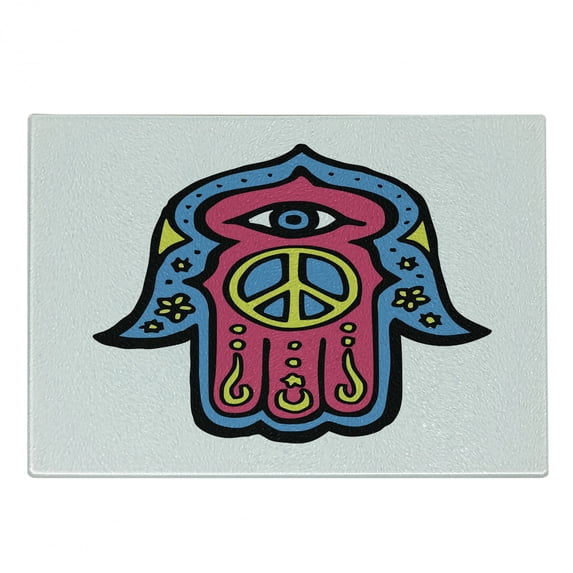 Hamsa Cutting Board, Hippie Boho Hamsa with Peace Sign in the Palm Art, Decorative Tempered Glass Cutting and Serving Board, Small Size, Pink Blue Yellow, by Ambesonne