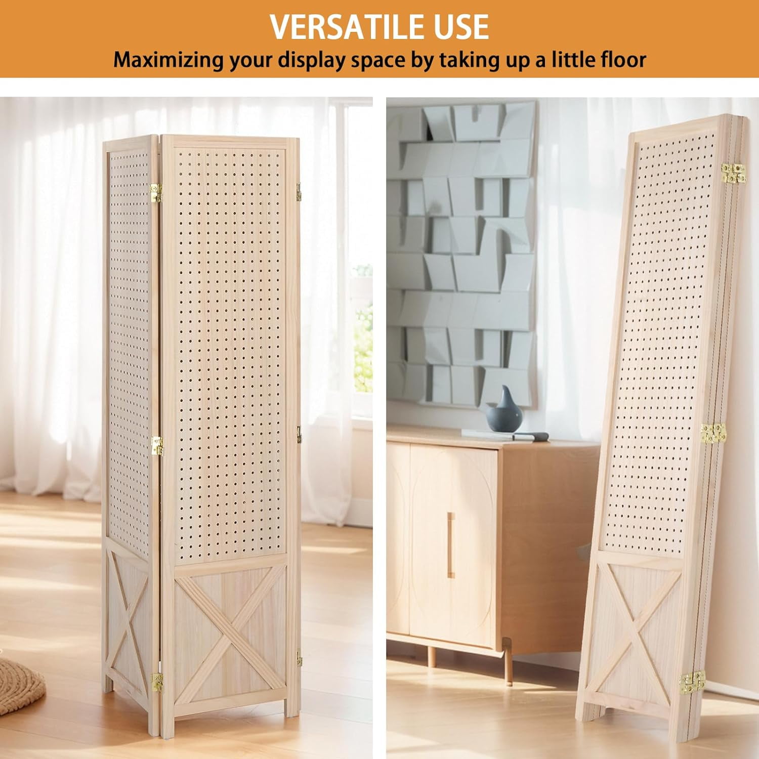VINGLI Freestanding Pegboard with Support Feet, 5 FT Wood Room Divider Display Board Organizer, Folding Privacy Screen Partition Space Separator for Craft Shows Events Retail