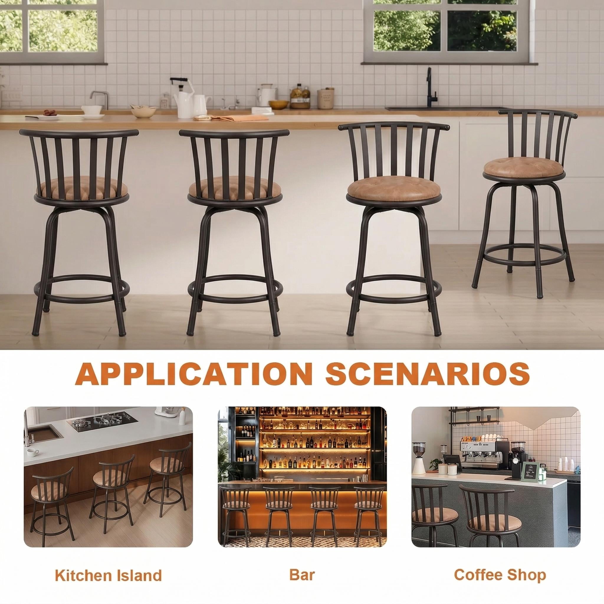 Homy Casa Swivel Counter Height Bar Stools Set of 3 with Back, Adjustable Upholstered Modern Bar Chairs for Kitchen Island, Brown