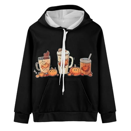 

TIREOW Boy s and Girl s Classic Sweatshirts Children s Sweater Autumn and Winter Cute and Warm Cartoon Pumpkin Beverage Print Long Sleeve Hooded Sweater Party Birthday Hallow-een