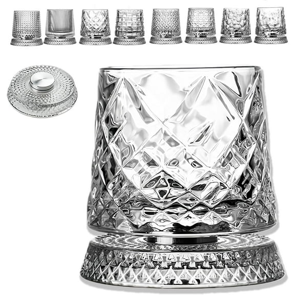 Crystal Whiskey Glasses,360 Degree Rotating Whiskey Glass, 280ML, with Stable Decoupled Base,  Decorative Drinkware for Scotch, Bourbon (Diamond pattern)Z