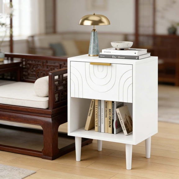 Modern White Kids Nightstand with Gold Drawer Handle, Solid Wood Leg Bedside Table, Space-Saving End Table for Boys Girls Small Bedroom Spaces