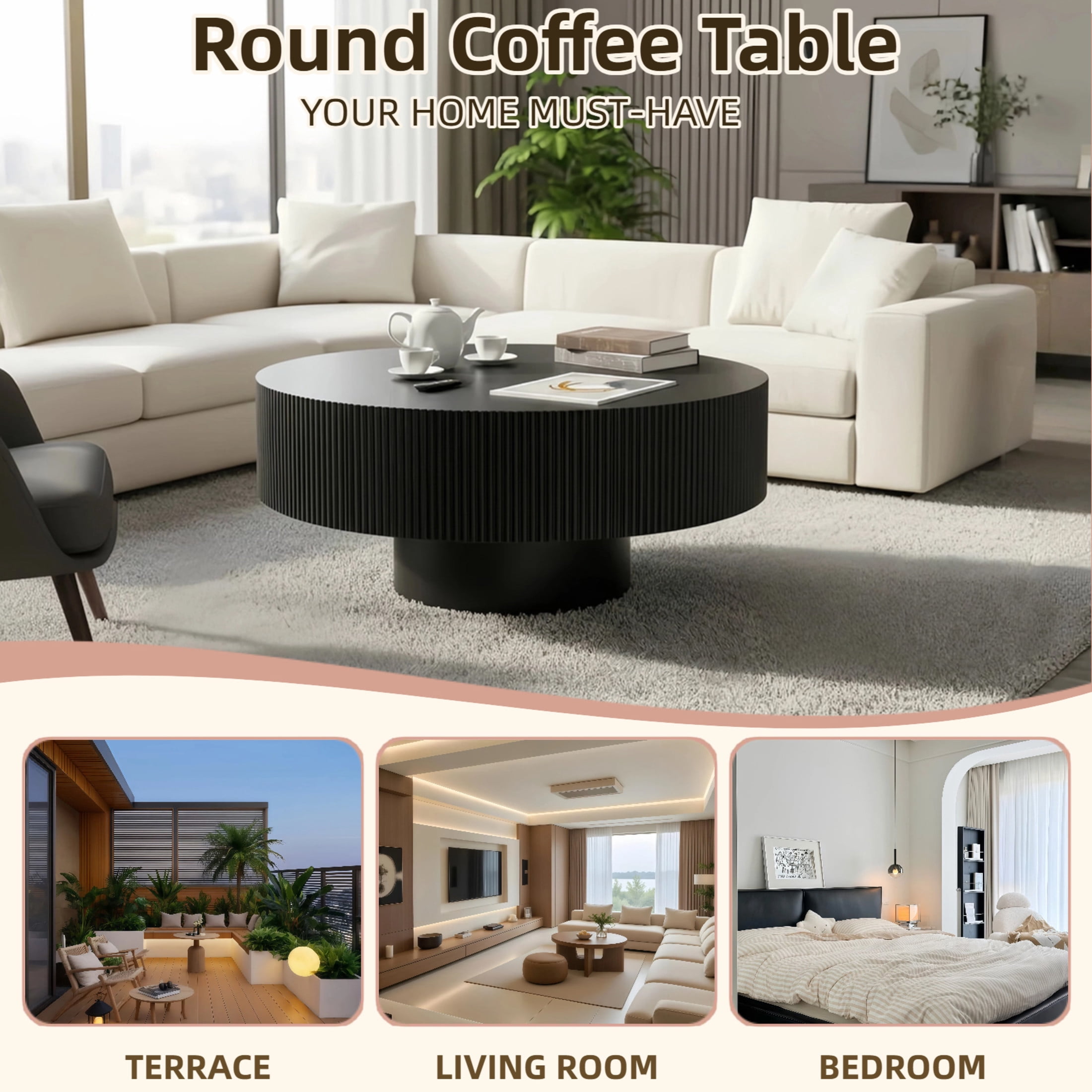 Noble House Round Fluted Coffee Table, Mid-Century Pedestal Center Table for Living Room, Bedroom, Terrace, Black