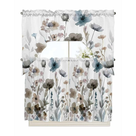 Blue Grey Pink Spring Floral Kitchen Curtains Swag Valance and Tier Curtains Set 36 Inch Length, Watercolor Botanical Rod Pocket Drape Panels Pair Swag Curtains for Bathroom/Cafe/Window