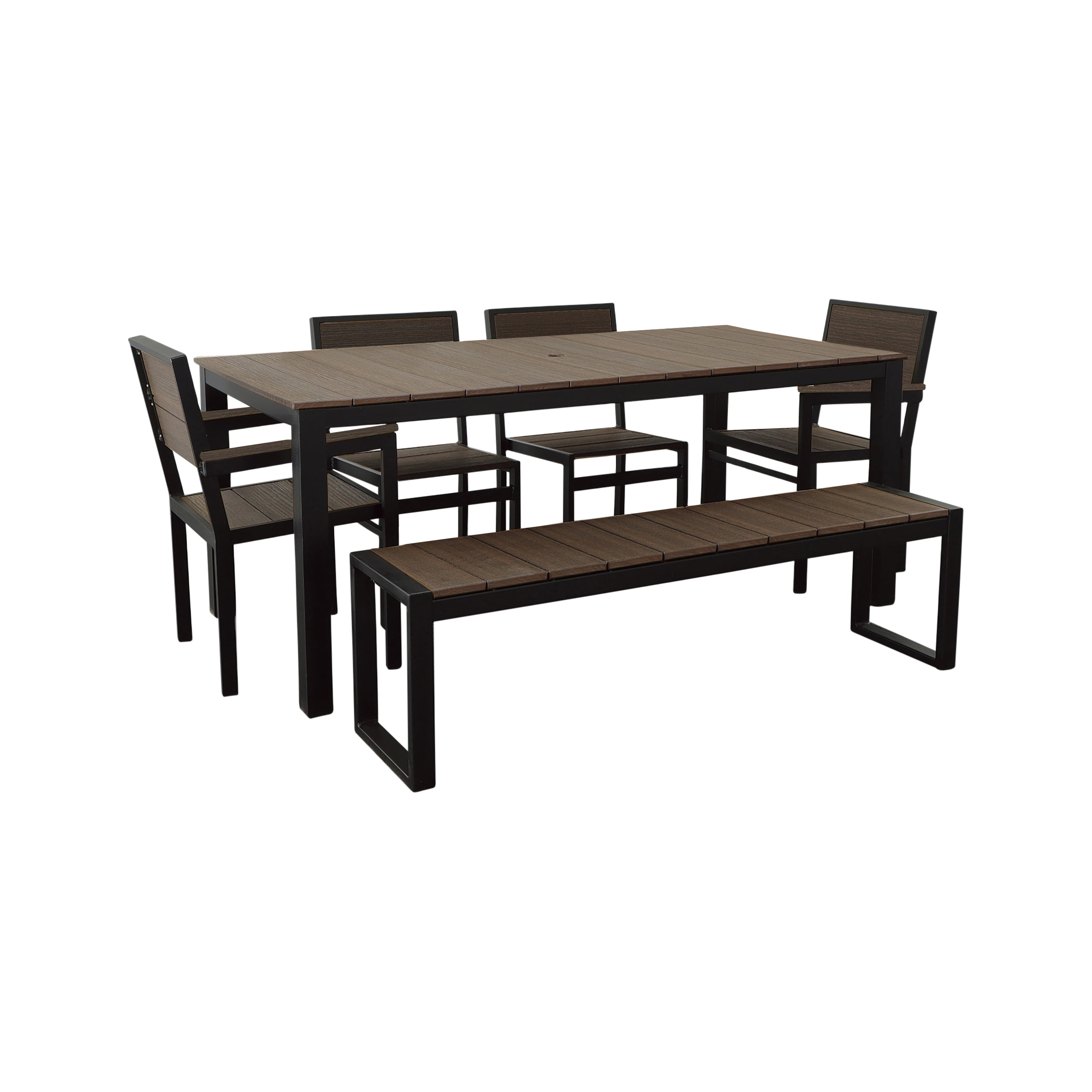 DuroGreen Park City 72" Rectangular 6-Pc Outdoor Dining Set, 1 Table/1 Bench/4 Chairs Made with All-Weather Tangent Sustainable Lumber, High End Patio Furniture, Black with Brazilian Walnut