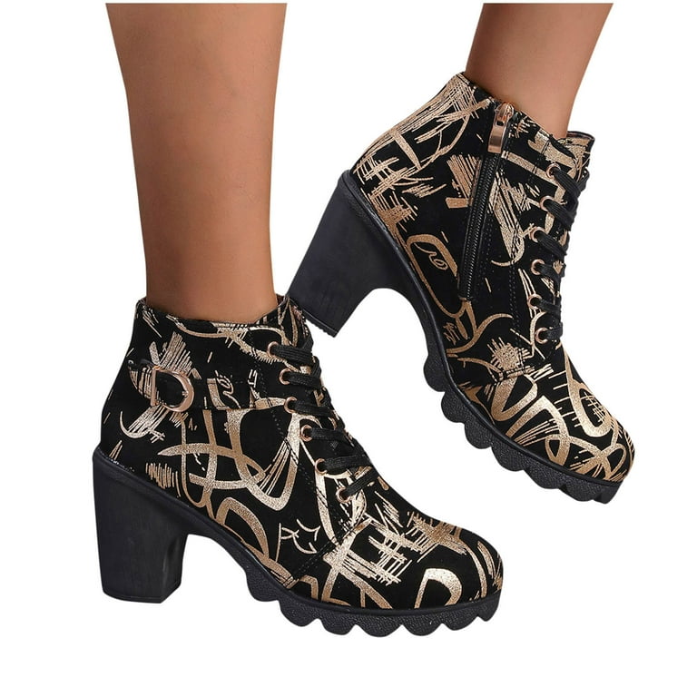 Miluxas Womens Lace Up Ankle Boots Round Toe Chunky Block High