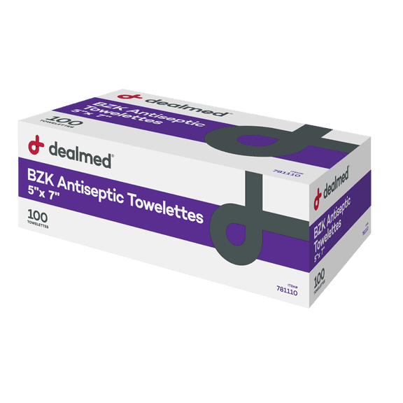 Dealmed BZK Antiseptic Towelette, 5" x 7" Individually Wrapped Alcohol-Free Wipes, 100 Count (Pack of 1)