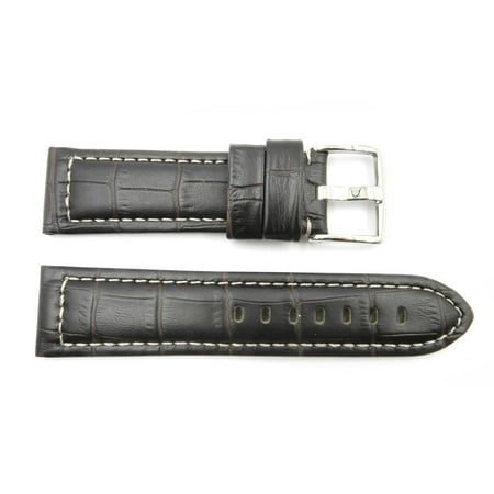 - 24mm Brown Genuine Leather Alligator Grain White Stitching Watch Strap