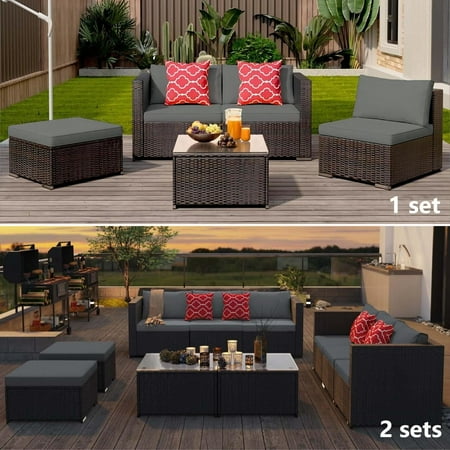 Patio Furniture Set Clearance, 5 Pieces Sectional Outdoor Sofa Chairs, All Weather Pe Garden Wicker Rattan Patio Seating Sofas With Cushion, Glass Table, 2 Pillows(Gray)