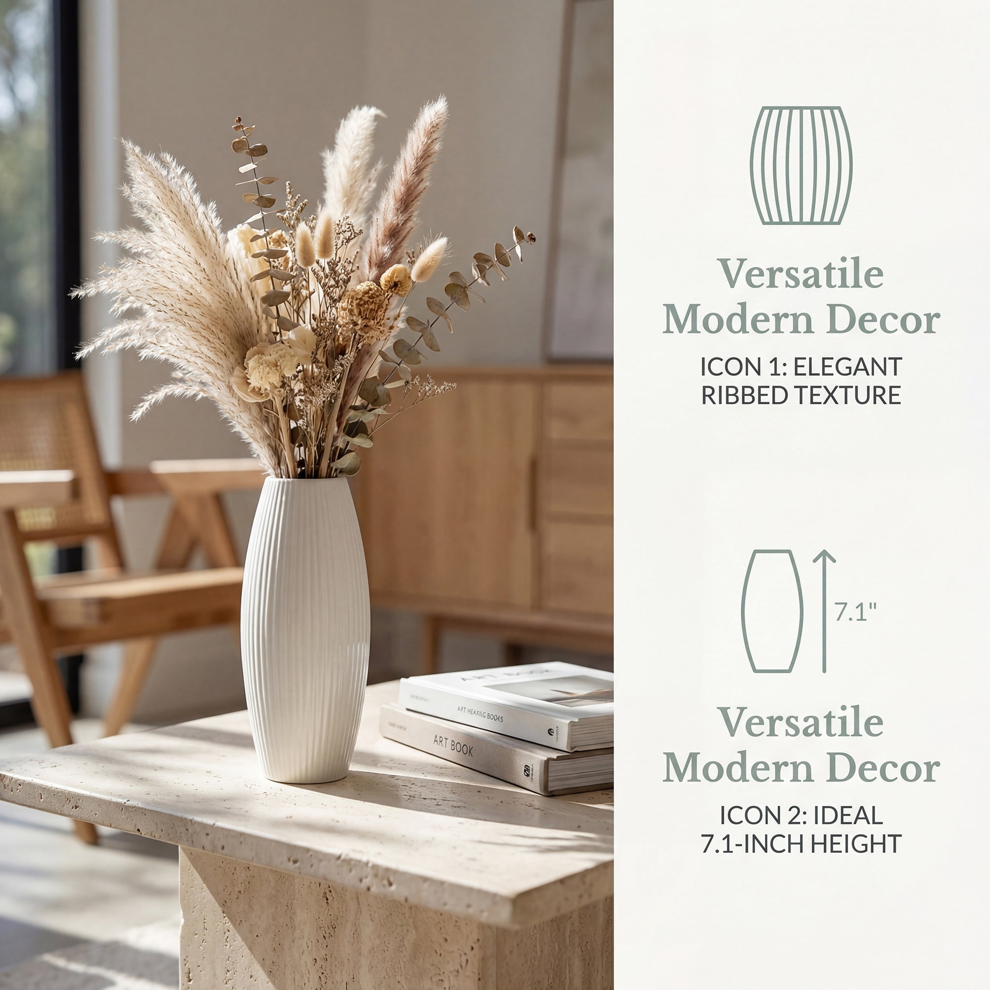 Unique Bargains Modern Decor Tall Ribbed Flower Vase Bright White 3.0" x 3.0" x 7.1"