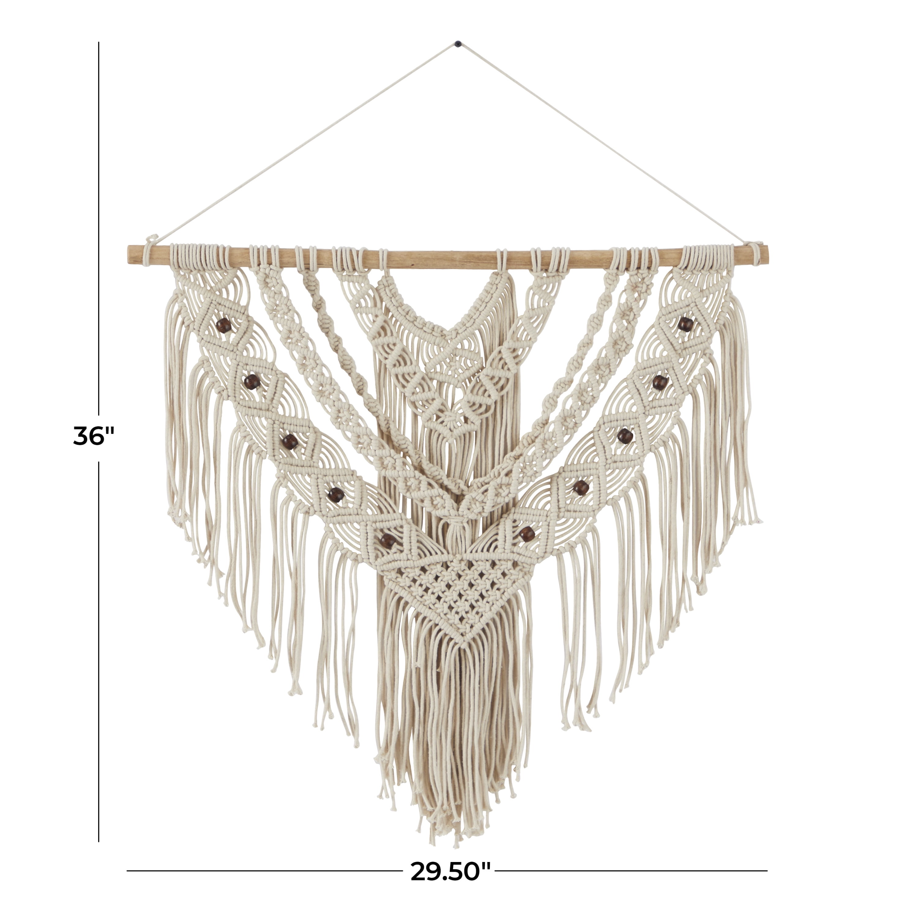 DecMode Cream Cotton Intricately Weaved Macrame Wall Decor with Beaded Fringe Tassels