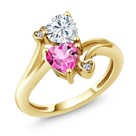 Gem Stone King 18K Yellow Gold Plated Silver White Moissanite Pink Mystic Topaz and White Lab Grown Diamond Ring for Women (1.78 Cttw, Heart Shape 6MM, Gemstone Birthstone, Size 7)