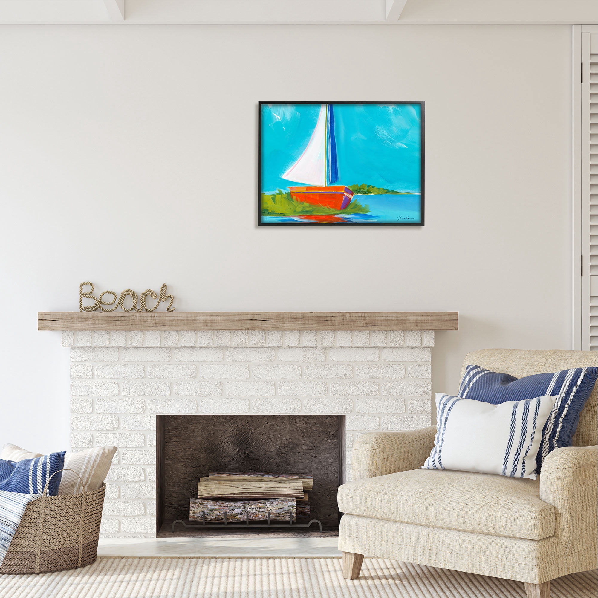 Stupell Industries Modern Sailboat on Shore Transportation Painting Black Framed Art Print Wall Art, 30 x 24