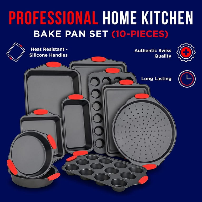 Baking Set – 10 Piece Kitchen Oven Bakeware Set – Deluxe Non-Stick Blue  Coating Inside and Outside – Carbon Steel – Red Silicone Handles – PFOA  PFOS