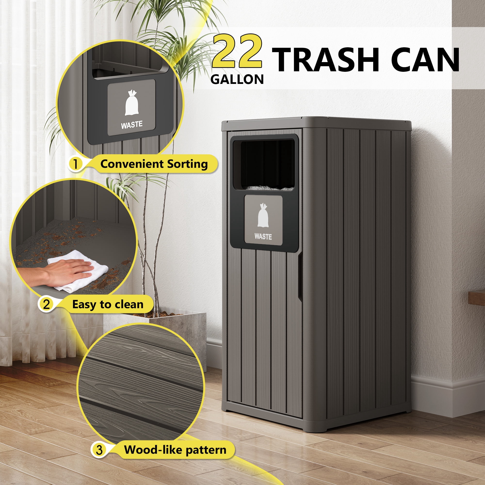 Nihsuao 42 Gallon Resin Trash Can, Durable & Waterproof Outdoor Garbage Bin with Garbage Labels, Weather-Resistant Waste Bin for Indoor Kitchen, Outdoor Porch, Backyard, (Gray, 1)