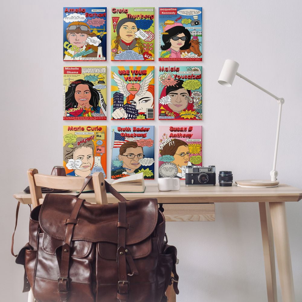 Stupell Industries Female Leaders Mock Magazine Cover Iconic Women Facts Canvas Wall Art Design by Sangita Bachelet, 9 Piece, 11" x 14"
