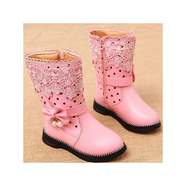 Woobling Bottes d'Hiver pour Enfant Bout Rond Bottine Courte Doublée Chaude Botte de Neige Respirante Confort Randonnée Plate Grande Coton Rose 4Y