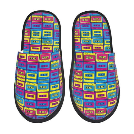 

Fuzoiu Cassette Tapes Print Unisex Furry Slippers Plush Indoor Shoes Trendy House Slippers Anti-Skid EVA Sole House Shoes for Home Office and Travel -Medium