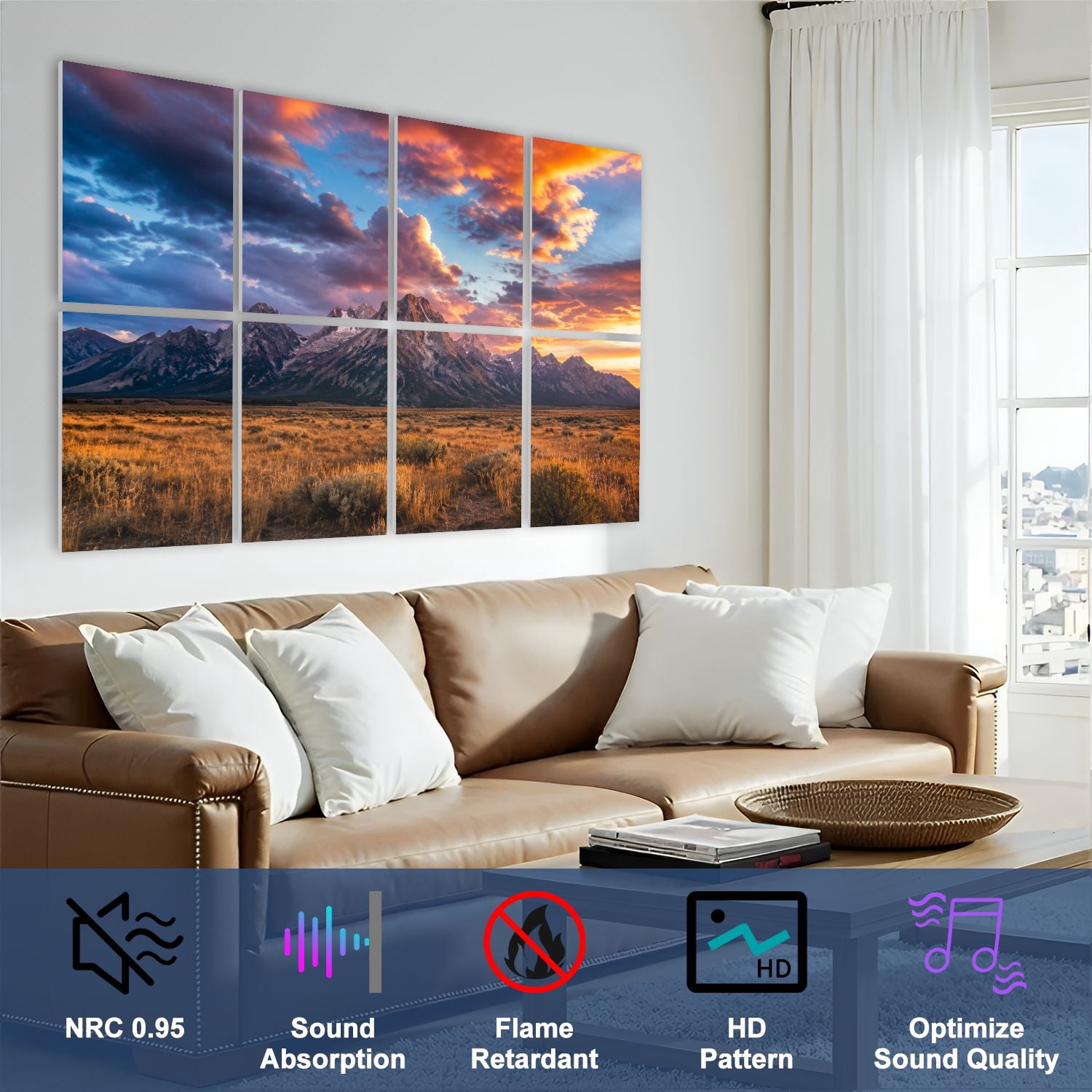 8 Pack Art Acoustic Panels Sound Absorbing Sandia Mountains Sunset Decorative Soundproof Wall Panels Self Adhesive for Nursery Game Room Bedroom 48"x32"