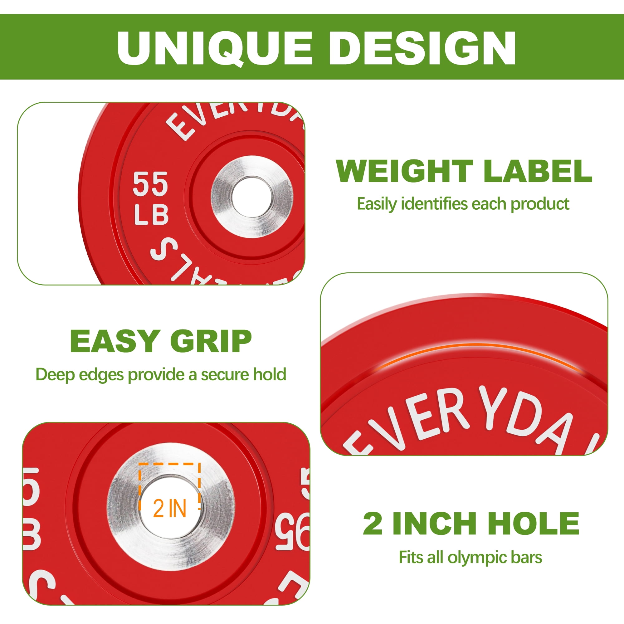 FlexWave Olympic Bumper Plates Pair 55LB, 2-Inch Rubber Barbell Plates with Steel Insert, Color-Coded Weight Plates for Weightlifting, Cross Training & Home Gym