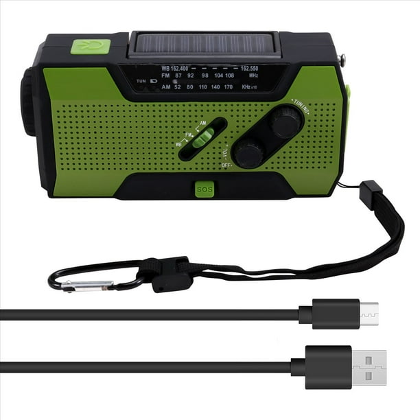 Radio Meteorológica de Emergencia con Manivela, Portátil, Carga Solar, Linterna LED AM/FM/, Alerta SOS, 5000 MAh
