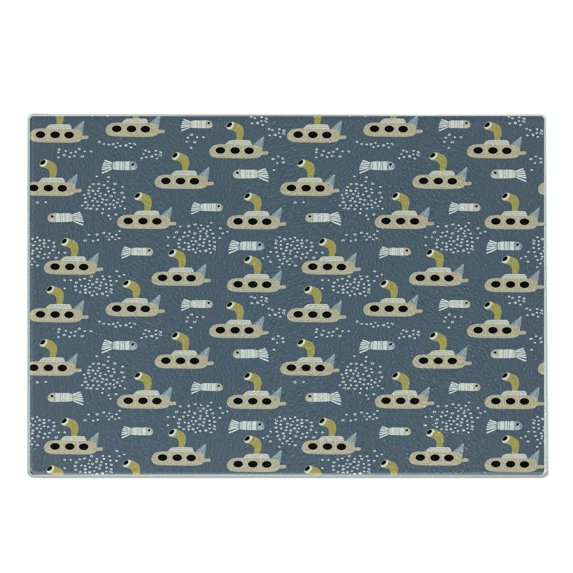 Cartoon Cutting Board, Style Submarines Fringe Tailed Finless One-Eyed Fishes, Decorative Tempered Glass Cutting and Serving Board, Small Size, Pale Coffee Slate Blue, by Ambesonne
