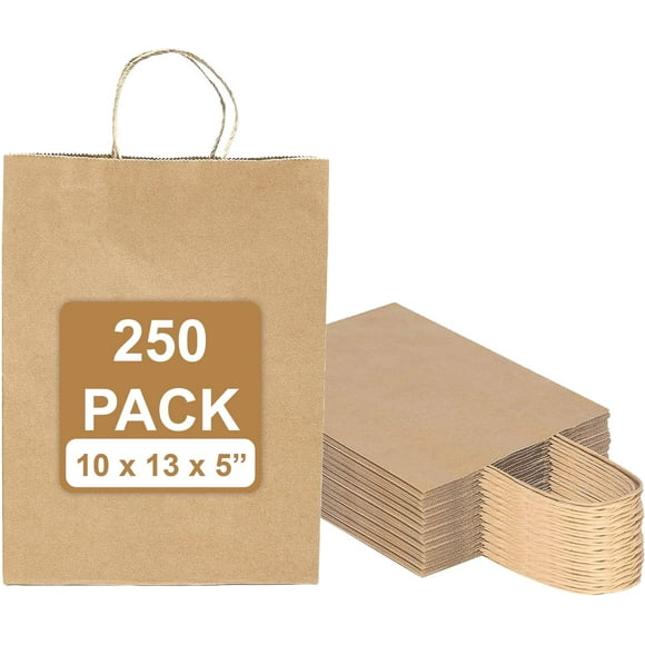 Excellent 250 Pack Brown Paper Bags with Handles -13x10x5 inches Kraft Paper Bags for Grocery, Shopping, Retail Stores - Paper Tote Bags for Small Businesses - Gift Bags for Birthday, Party, Wedding