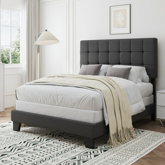 SHA CERLIN Grey Queen Size Panel Platform Bed Frame with Adjustable Fabric Upholstered Headboard, Adult