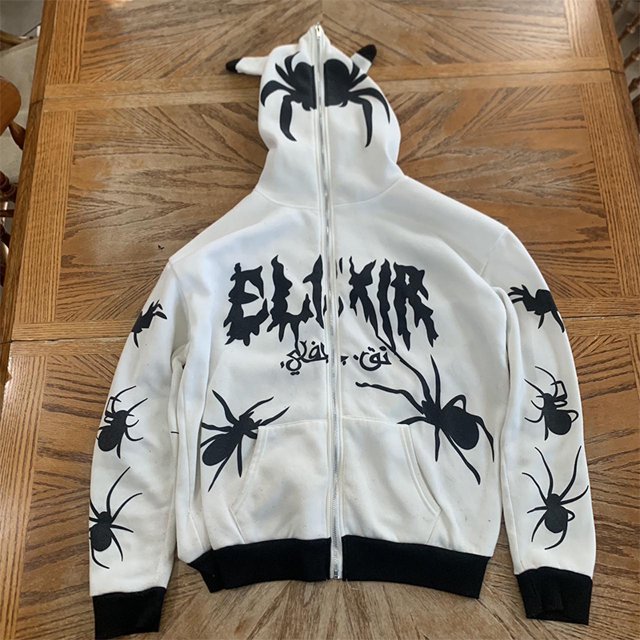Sudadera con capucha y cremallera completa con estampado de araña Y2K, ropa para hombre, sudadera con capucha estilo hip hop estilo retro de gran tamaño, chaqueta gótica para otoño e invierno