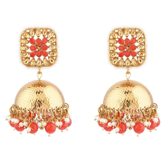 Efulgenz Indian Bridal Traditional Maroon Crystal Kundan Dangling Earrings Faux Pearl Beaded Square Big Jhumka Jhumki Wedding Earrings Set for Women