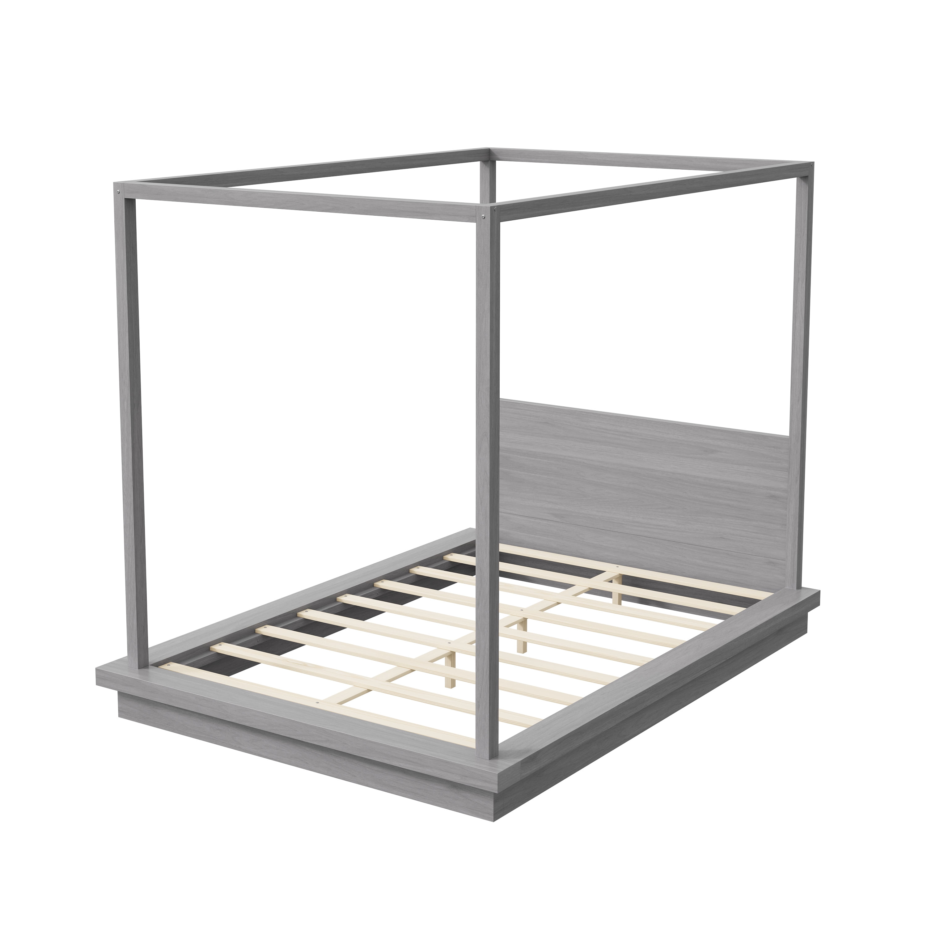 Euroco Wood Queen Size Canopy Bed, Four Poster Platform Bed, No Box Spring Needed, Gray