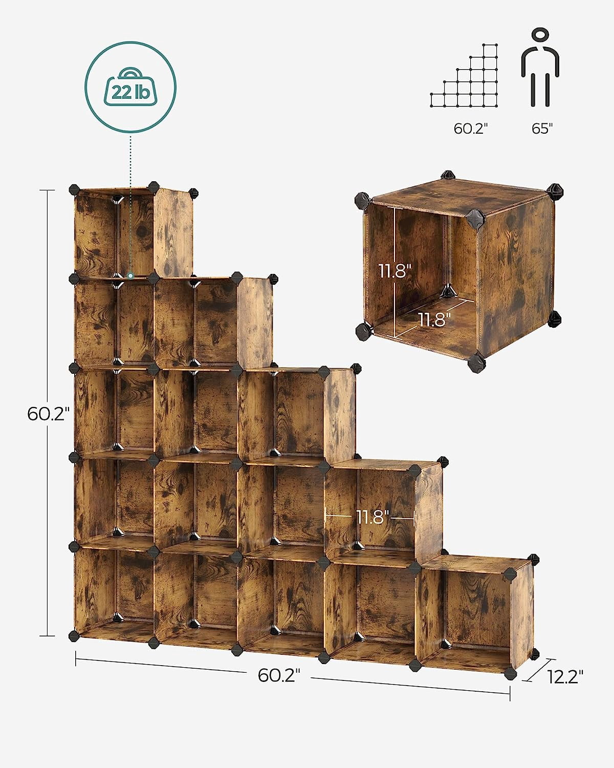 Nordic Hygge Set of 16 Plastic Cubes, Book Shelf, Closet Organizers and Storage, 12.2 x 48.4 x 48.4 Inches, Rustic Brown