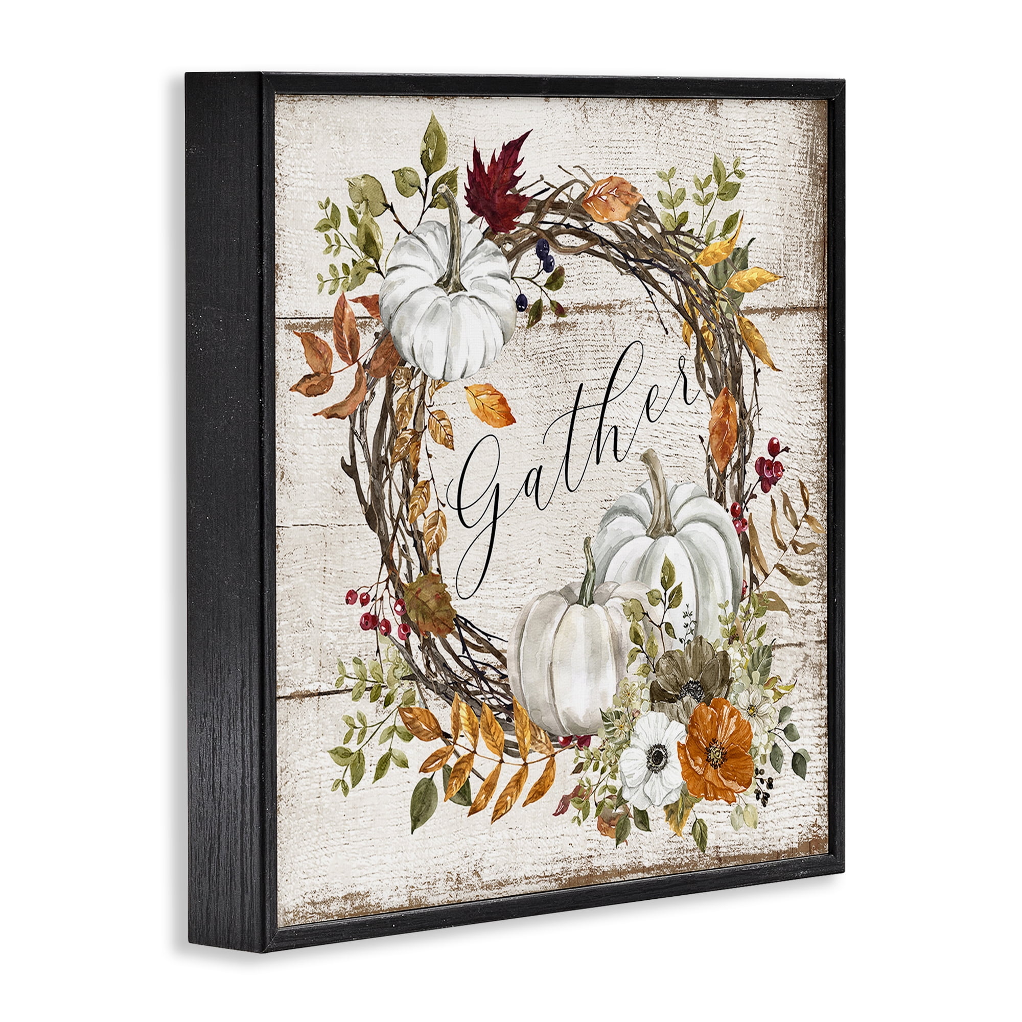 Stupell Industries Gather Autumnal Wreath Holiday Painting Black Framed Art Prints Wall Art, 24 x 24