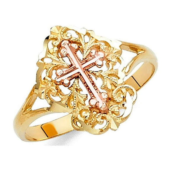 14k Two Tone Italian Solid Gold Religious Cross 15mm Sketchy Design Ring