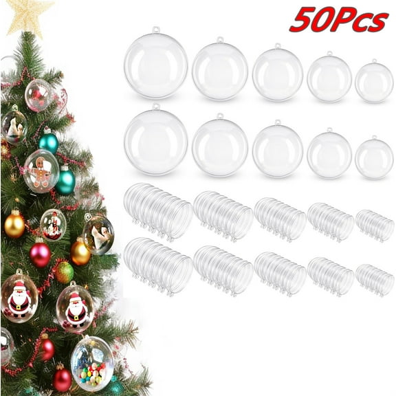 Yayun 50 Pcs Christmas Clear Plastic Fillable Balls, DIY Craft Transparent Baubles Christmas Tree Hanging Ornament for Birthday Valentine Decor (1.2 in/1.6 in/2 in/2.4in/2.8 in)