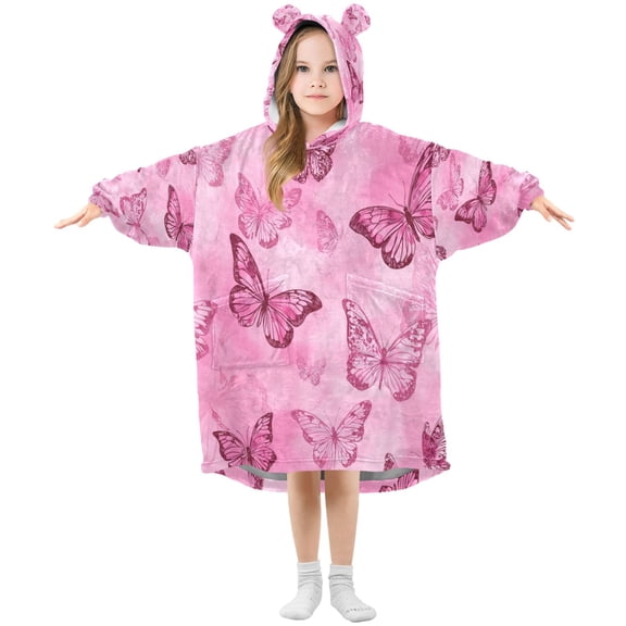 Wearable Blanket with Sleeves and Pocket Oversized Hooded Sweatshirt 3-14 YR Pink Butterfly Pattern S
