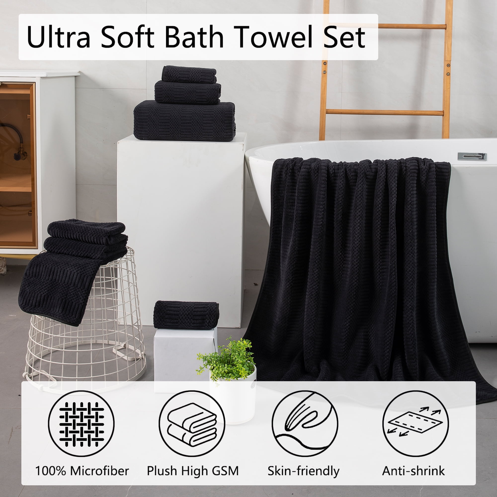 Jessy Home 8 Piece Oversized Black Bath Towel Set-2 Extra Large Bath Towel Sheets, 2 Hand Towels, 4 Washcloths-600GSM Soft Plush Towel Set