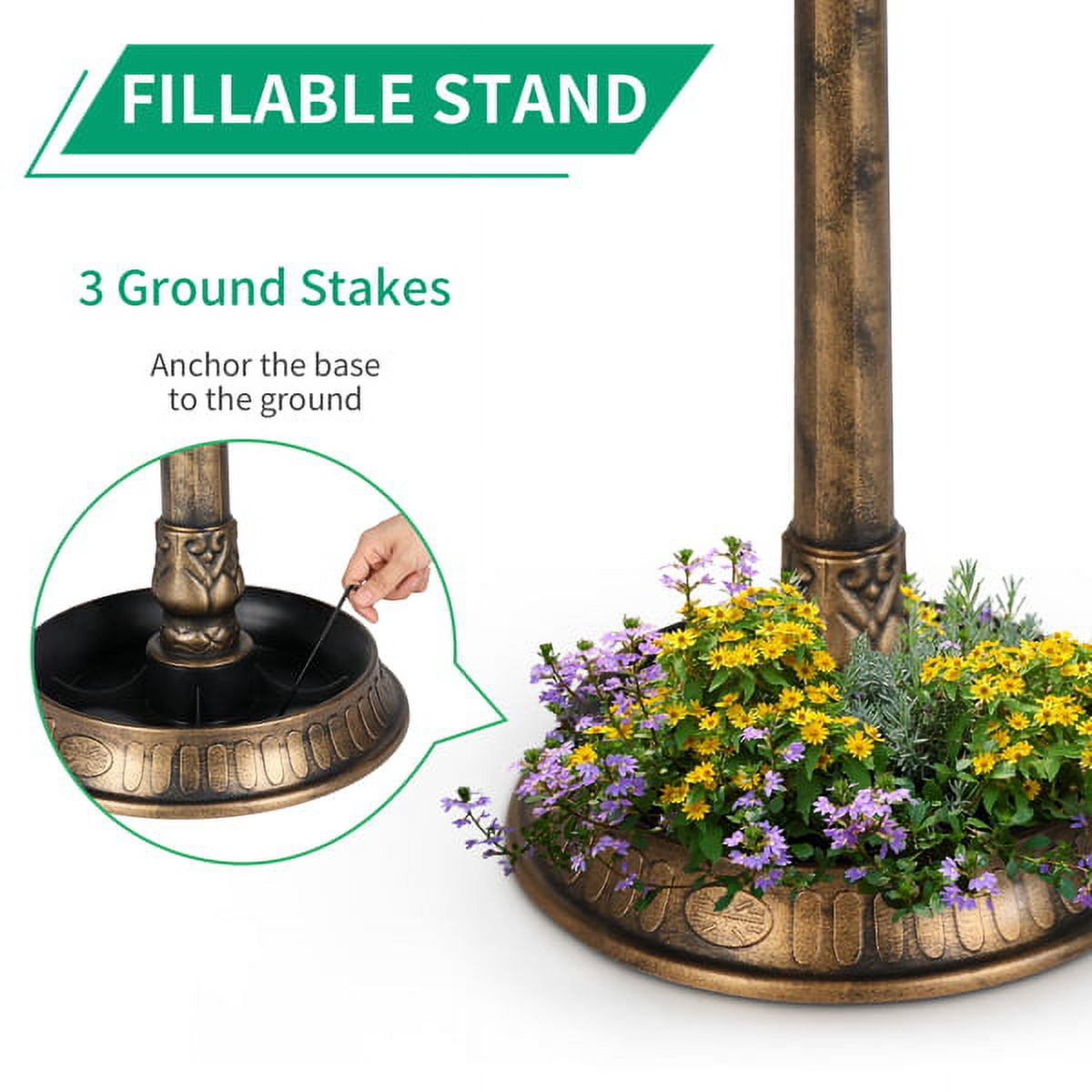 51cm Solar Light Bird Bath, Antique Bronze Resin Garden Decor with Fleur-de-Lis, Weatherproof Outdoor Birdfeeder & UV-Resistant Base