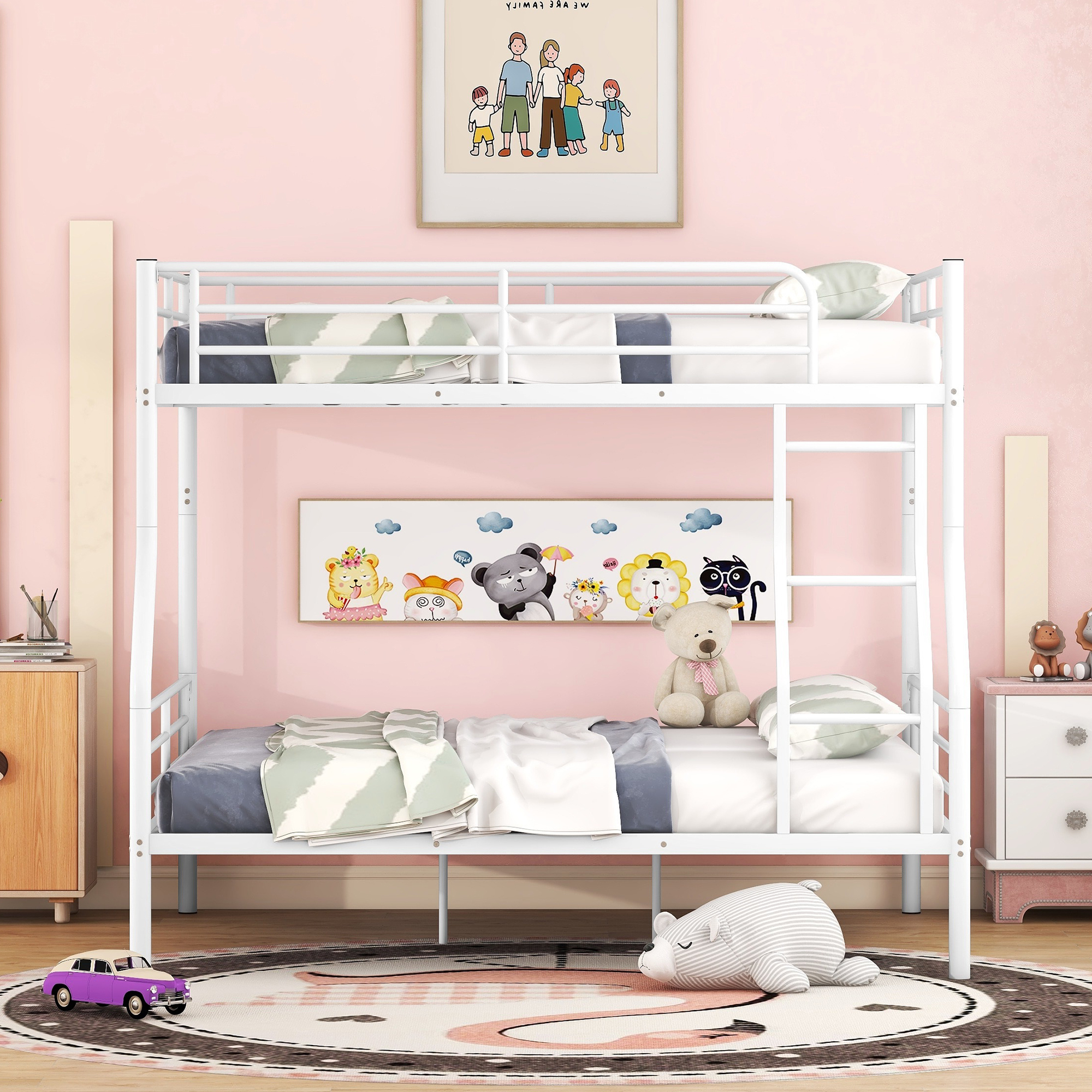 Full XL Over Queen Bunk Beds for Adults,Heavy-Duty Metal Bunk Bed Frame with Non-Slip Ladder and Safety Full-Length Guardrails for Kids Teens Adults,Space-Saving,White
