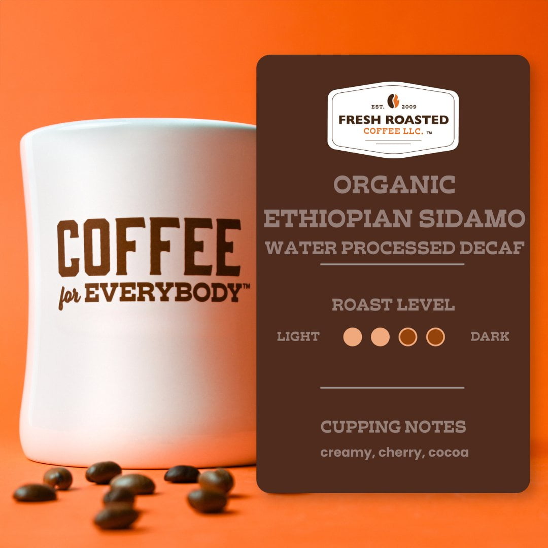 Fresh Roasted Coffee, Organic Ethiopian Sidamo Swiss Water Decaf, Medium Roast, K-cup Compatible, 72 Count