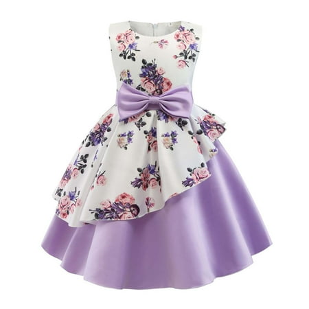 

Herrnalise Children s Girl Dress Irregular Hemline Princess Skirt Printed Dress Bow Performance Suit