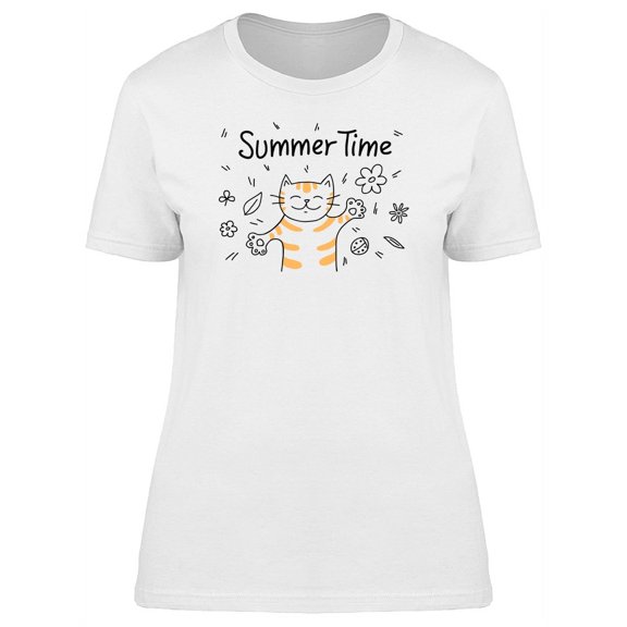 Summer Time Cute Kitten Doodle T-Shirt Women -Image by Shutterstock, Female Medium