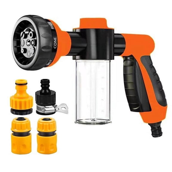 Foam Spray Gun, 8-Pattern Nozzle with 3.5oz Detergent Bottle, Ergonomic Thumb Control for Car Wash and Garden Watering, High Pressure Adjustable Hose Attachment with Quick Connectors