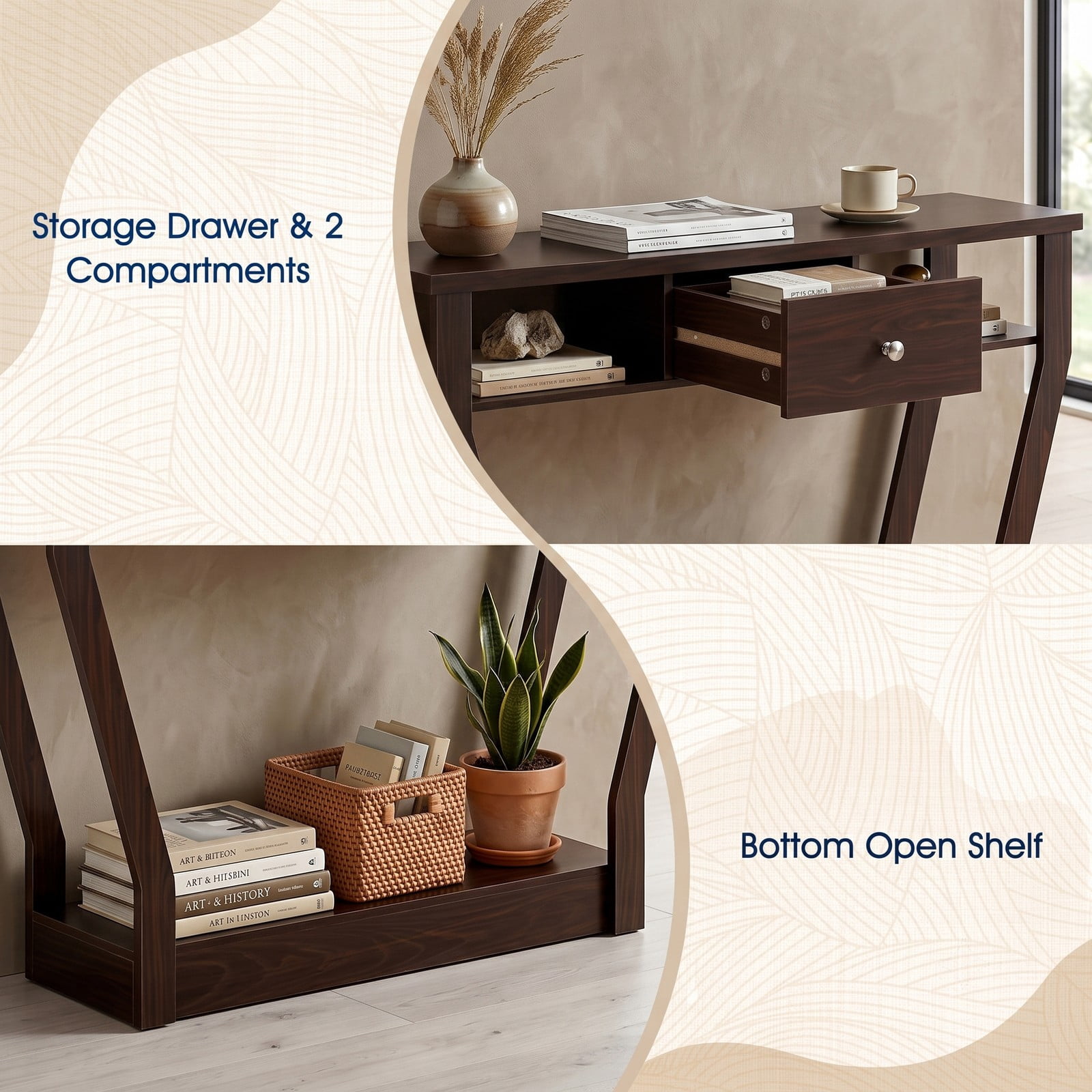 Furnibear Modern Console Accent Table with Storage Drawer and Open Shelf for the Living Room Entryway and Hallway, Brown